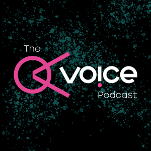 The Voice Magazine Podcast cover, with the Voice logo on a black background with green spray paint on it